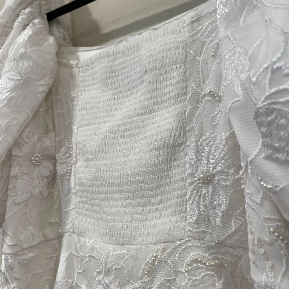 ~ BHLDN Lg 2in1 Mini Dress 3D Floral, Removable Puff-Sleeve Large Wedding Bridal - Picture 16 of 16